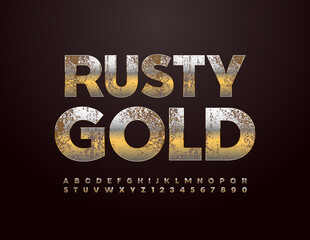 Vector Rusty Gold Alphabet set. Aged metallic Font. Old style Letters and Numbers © Popskraft