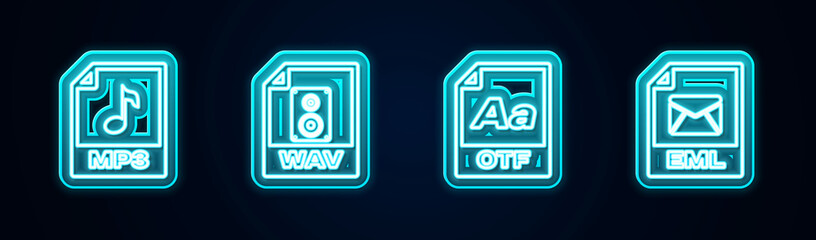 Set line MP3 file document, WAV, OTF and EML. Glowing neon icon. Vector