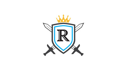 creative shield letter b swords crown logo vector design