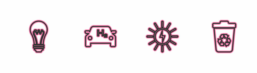 Set line Light bulb, Solar energy panel, Hydrogen car and Recycle bin with recycle icon. Vector