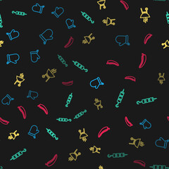 Set line Oven glove, Grilled shish kebab, Barbecue grill and Hot chili pepper pod on seamless pattern. Vector