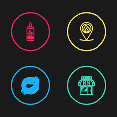 Set line Barbecue grill with steak, shopping building, Location fire flame and Ketchup bottle icon. Vector