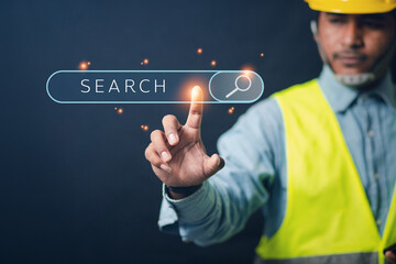 Business information network search concept, engineers use the internet to browse the industry. Click the Internet Search page on the Search touch screen.
