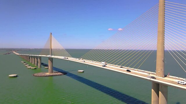 Slow motion pan shot of the Skyway Bridge in Tampa Bay Florida USA