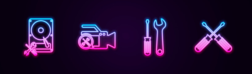 Set line Hard disk drive service, Video camera, Screwdriver and wrench and Crossed screwdrivers. Glowing neon icon. Vector