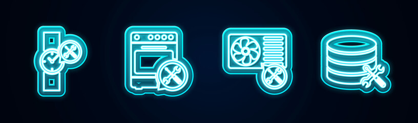 Set line Wrist watch service, Oven, Air conditioner and Database server. Glowing neon icon. Vector