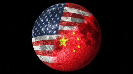 Moon with the USA and China flag painted on its surface. Usa vs China. Space race concept. Man on the moon. 3D illustration
