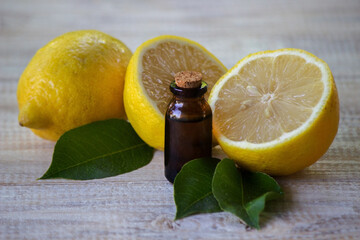 A bottle of lemon essential oil is an alternative medicine.