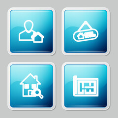 Set line Realtor, Hanging sign with Open house, Search and House plan icon. Vector