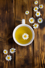 Chamomile tea in the white cup on the wooden background. Top view. Close-up.