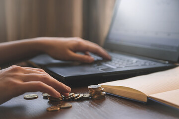 female hands working at the computer. Hand gestures. Study, business. Work at home. Comfortable...
