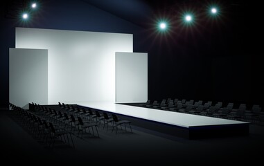 Podium for showing fashion models. Blank white stripe backlit for fashion show. View the collection of clothes.