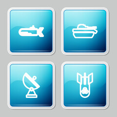 Set line Submarine, Military tank, Radar and Biohazard bomb icon. Vector