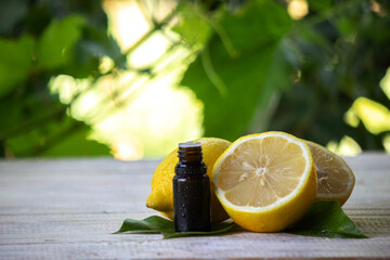 A bottle of lemon essential oil is an alternative medicine.