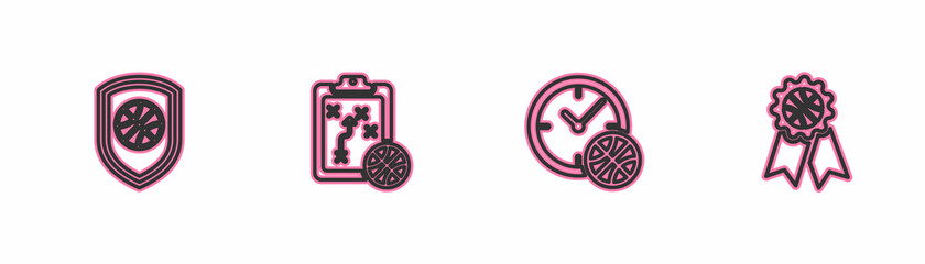 Set line Shield in the basketball ball, Clock with, Planning strategy and Basketball award icon. Vector