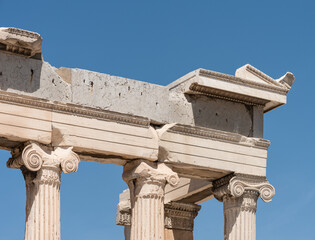 Detail of classical greek architecture, Ionic columns the Acropolis, Athens © PGS