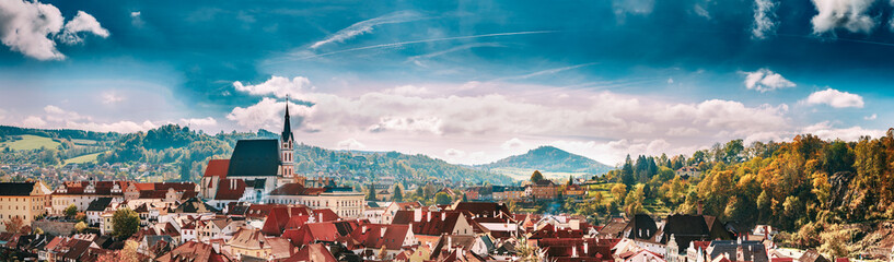 Panoramic cityscape Cesky Krumlov, Czech republic. Sunny autumn day