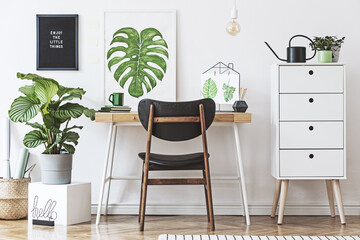 Creative Composition Home Workspace Interior Design With Poster Frame Table Plants Hipster Designed Pots Accessories