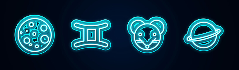 Set line Moon, Gemini zodiac, Rat and Planet Saturn. Glowing neon icon. Vector