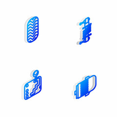 Set Isometric line Shock absorber, Car tire, Gear shifter and Electric engine icon. Vector