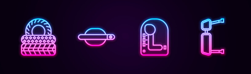 Set line Car tire, door handle, Gear shifter and Truck side mirror. Glowing neon icon. Vector