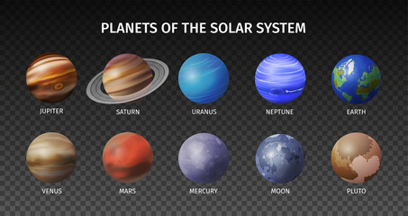 Realistic Space Planet Transparent Icon Set © Macrovector