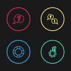 Set line Lifebuoy, Wrench and screwdriver in gear, Question Exclamation and Speech bubble icon. Vector