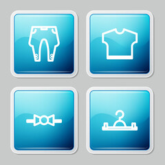 Set line Pants, T-shirt, Bow tie and Hanger wardrobe icon. Vector
