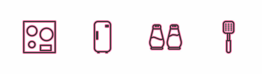 Set line Electric stove, Salt and pepper, Refrigerator and Spatula icon. Vector