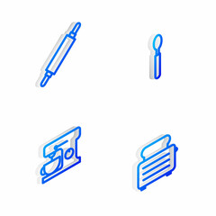 Set Isometric line Spoon, Rolling pin, Electric mixer and Toaster with toasts icon. Vector