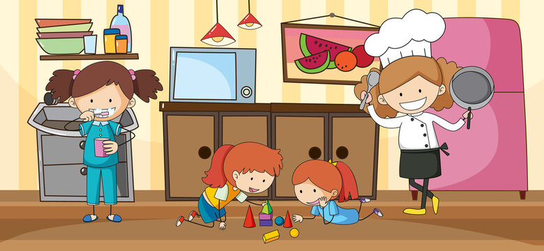 Blank Kitchen Scene With Many Kids Doodle Cartoon Character