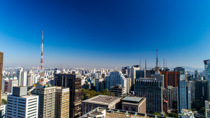 Aerial view of Av. Paulista in São Paulo, SP. Main avenue of the capital. Sunday day, without cars, with people walking on the street