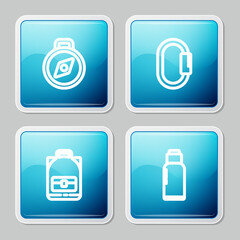 Set line Compass, Carabiner, Hiking backpack and Canteen water bottle icon. Vector