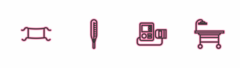 Set line Medical protective mask, Blood pressure, thermometer and Operating table icon. Vector