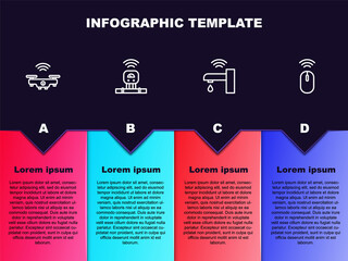 Set line Smart drone, sensor, water tap and Wireless mouse. Business infographic template. Vector