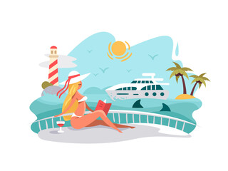 Attractive Girl Reading Book Deck Yacht Summer Vacation Sea Vector Illustration