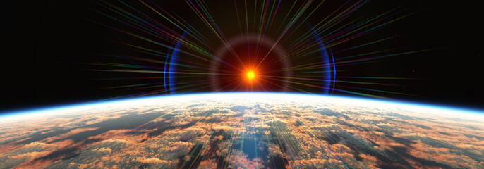 Earth sunrise from space over cloudy ocean. 3d rendering © aleksandar nakovski