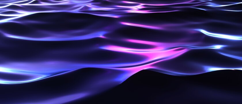Dark waves neon with flares of night city surface. Glow purple water 3d render splashes with blue lights of urban futuristic. Bright shimmer with reflections of synthwave electro effects