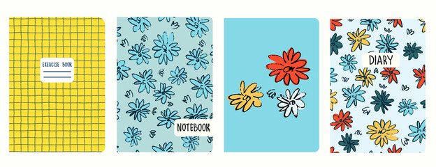 Fototapeta premium Set of cover page templates based on patterns with hand drawn flowers in ditsy style and gridline. Backgrounds for notebooks, notepads, diaries. Headers isolated and replaceable