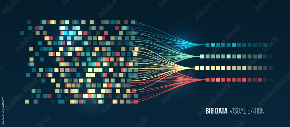 Poster Abstract stream information with ball array and binary code. Filtering machine algorithms. Sorting data. Vector technology background. Big data visualization. Information analytics concept.