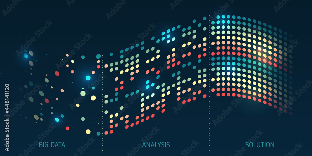 Aufkleber Filtering machine algorithms. Wide Big data visualization. Information analytics concept. Sorting data. Vector technology background. Abstract stream information with circles array and binary code.