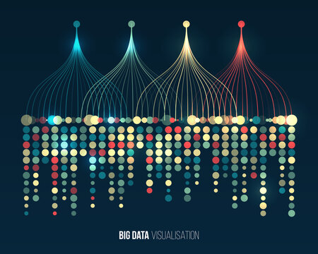 Big data visualization. Information analytics concept. Abstract stream information with ball array and binary code. Filtering machine algorithms. Sorting data. Vector technology background.