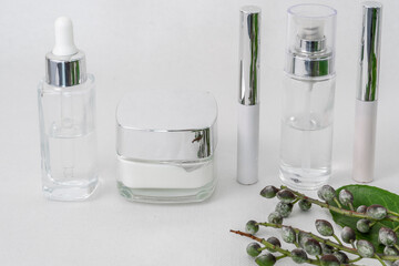 cosmetic flat lay: face cosmetics in white on a white background with a green sprig of olives