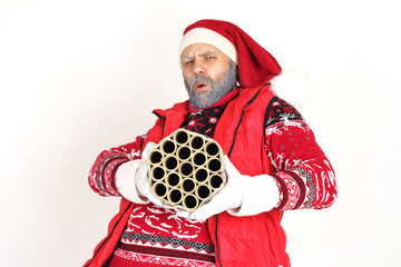 Santa Claus emotionally improvises fireworks. Isolated on white background.