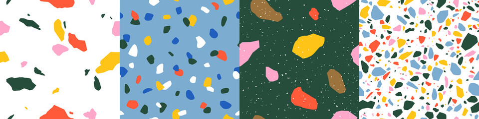 Terrazzo seamless pattern collection in bright primary colors with abstract mosaic stone shapes. Retro terrazo minimalist art background set ideal for print, fashion or trendy design project.