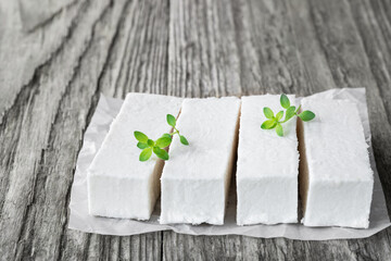 Apple gelatin dessert sugar free pastila marshmallow slices on wooden table