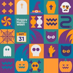 Happy Halloween. October 31. Simple, vector, flat illustration. Minimalist, geometric, background icon. Perfect for poster, media banner, cover or postcard.