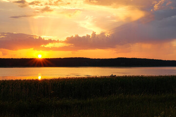 Landscape with Seliger lake in Tver oblast, Russia at sunset