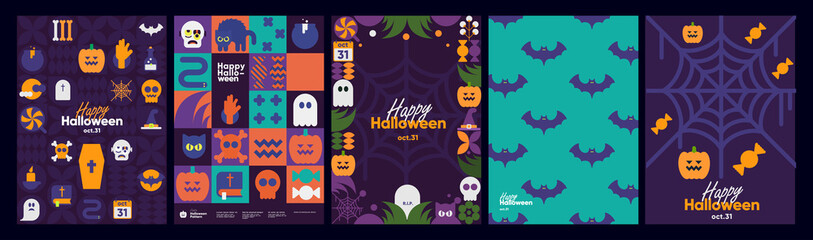 Obraz na płótnie Canvas Happy Halloween. October 31. A set of simple vector illustrations. Minimalist, geometric, background pattern, icon. Perfect for poster, media banner, cover or postcard.