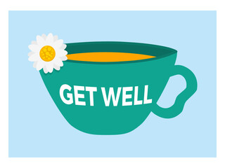 Get well postcard template A6 with cup and chamomile tea svg vetor illustration